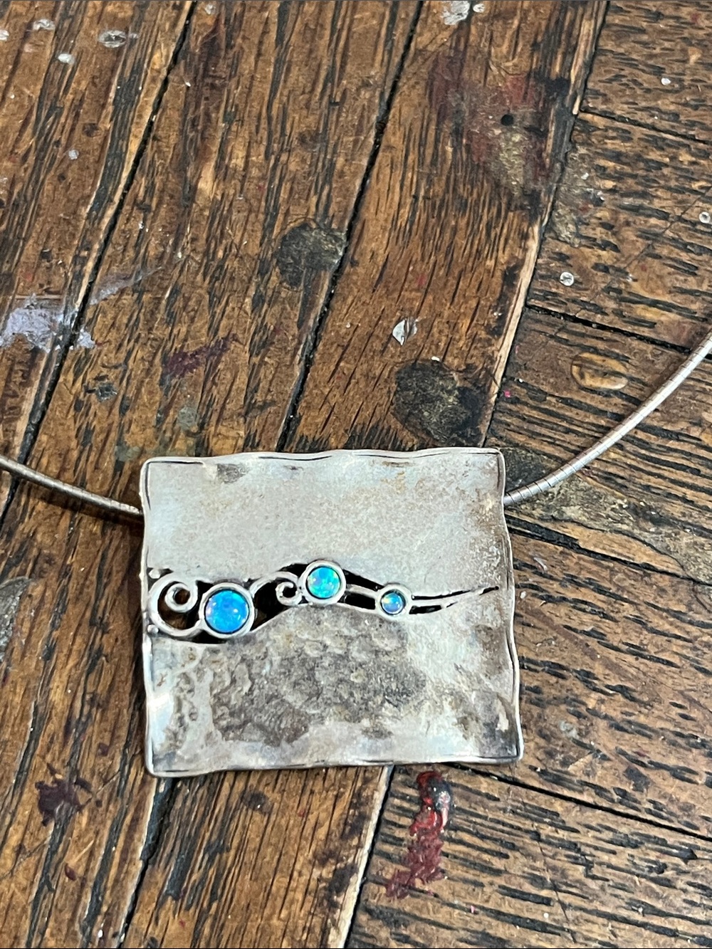 DIDAE signed 925 Sterling Silver Square Pendant with Opal Accents silver wired